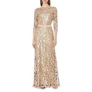 Tadashi Shoji Blush Sequin Paillette Embroidered Lace Illusion 3/4 Sleeve Gown